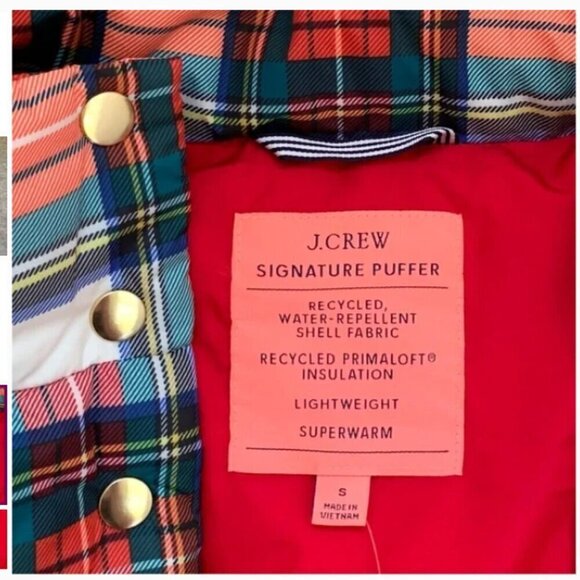 J Crew Puffer Vest Primaloft in Snowy white Stewart Red Green Taran Plaid Size S - Picture 4 of 5